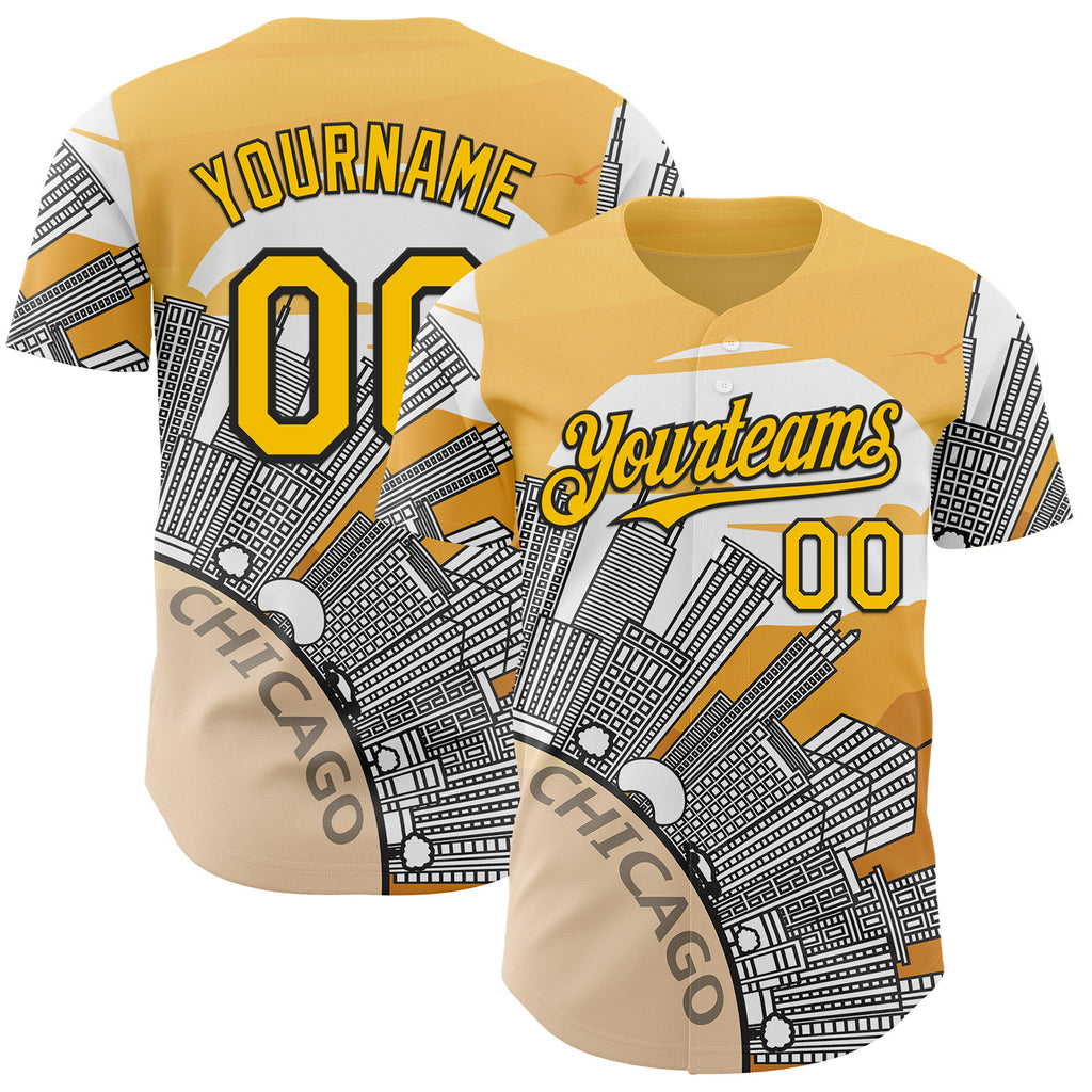 Custom Yellow Black-White Chicago Illinois Cityscape Landmark City Symbol Authentic Baseball Jersey
