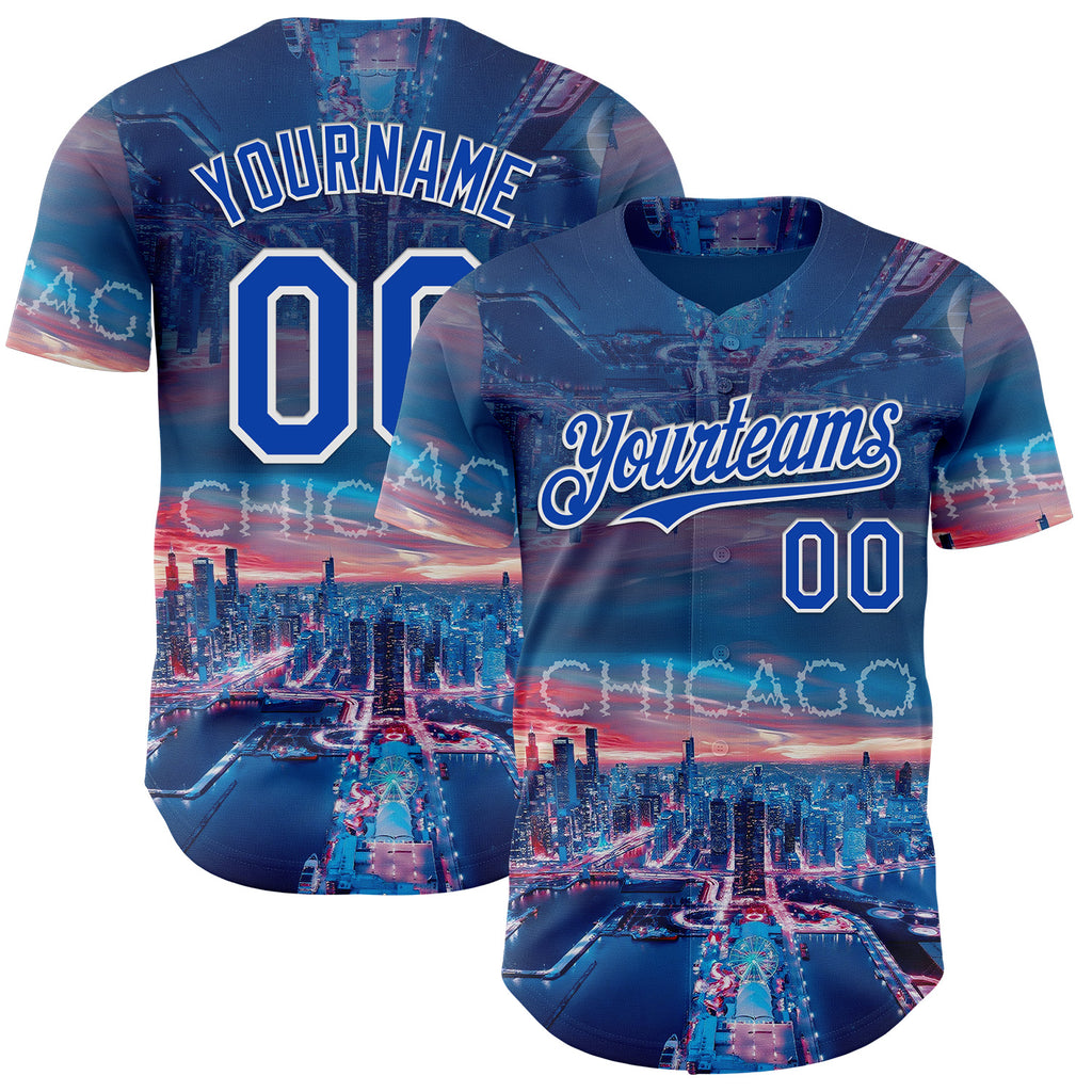 Custom Blue Thunder Blue-White Chicago Illinois Cityscape Skyline City Symbol Authentic Baseball Jersey