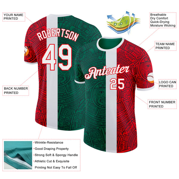 Custom Kelly Green White-Fire Red Mexico Tribal Performance T-Shirt