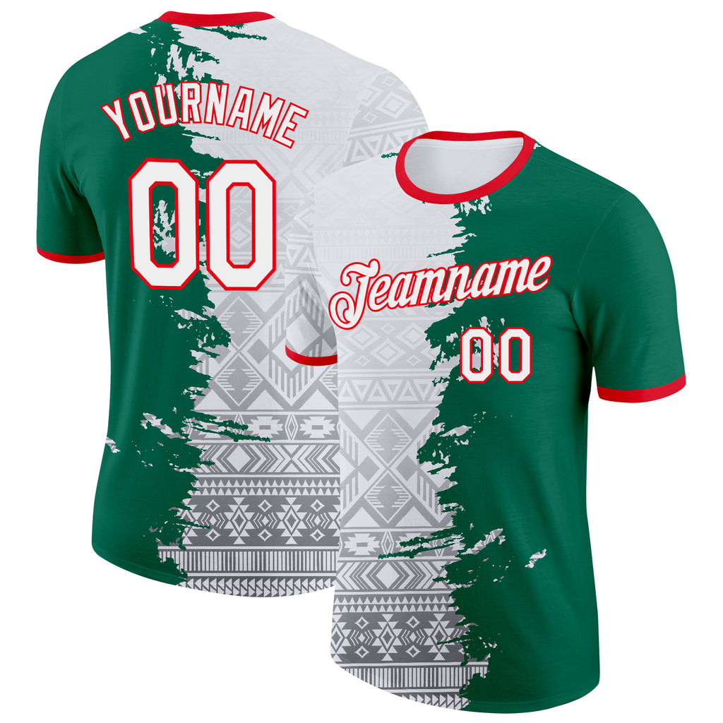 Custom White Kelly Green-Fire Red Mexico Tribal Performance T-Shirt