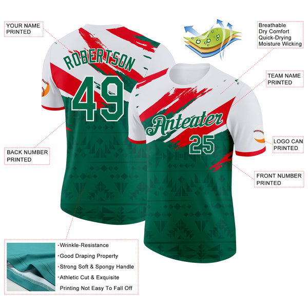 Custom Kelly Green White-Fire Red Mexico Performance T-Shirt