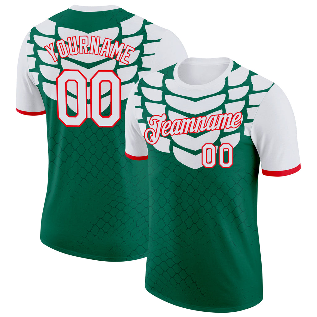 Custom Kelly Green White-Fire Red Mexico Snake Python Print Performance T-Shirt