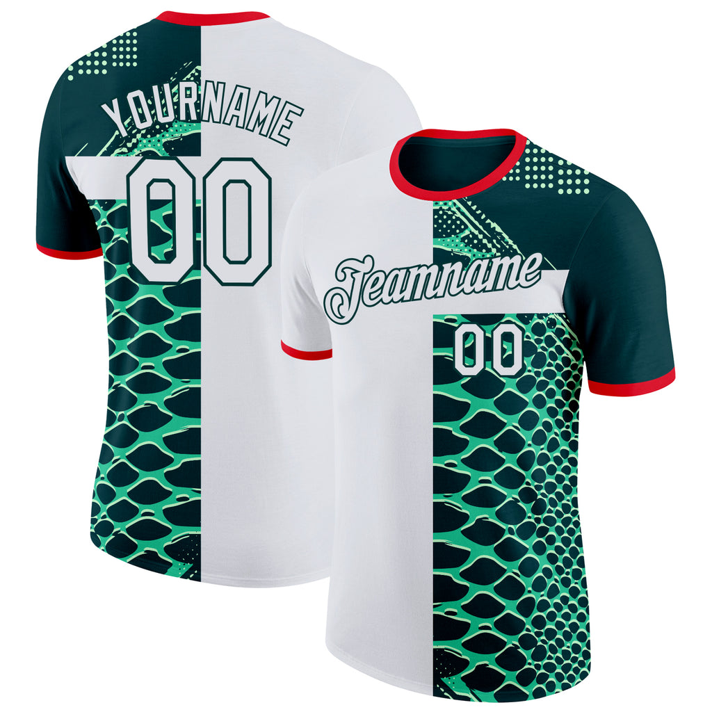 Custom Green White-Fire Red Mexico Snake Python Print Performance T-Shirt