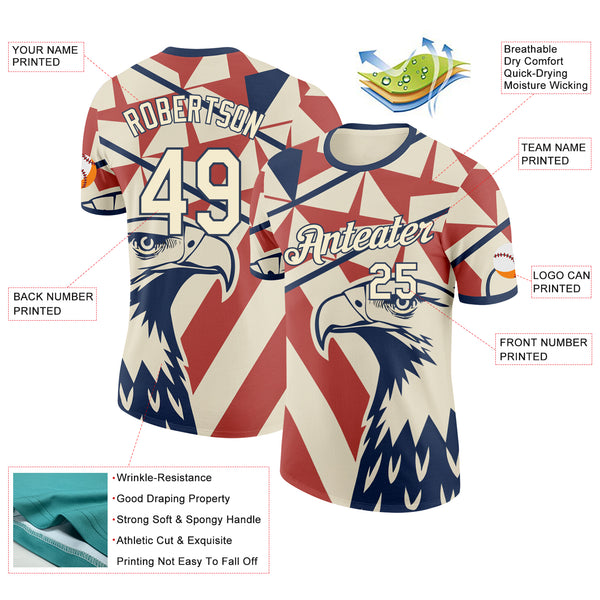 Custom Cream Red-Blue USA Flag Eagle And Star Performance T-Shirt