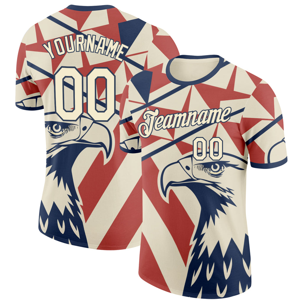 Custom Cream Red-Blue USA Flag Eagle And Star Performance T-Shirt