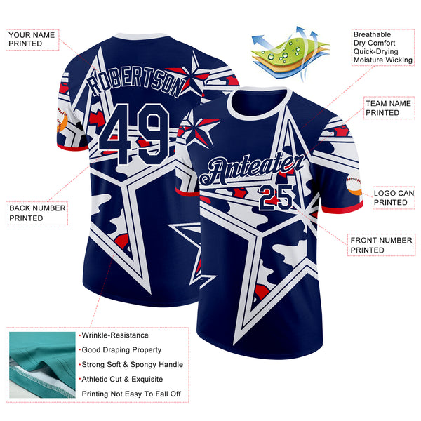 Custom Navy Red-White USA Star Performance T-Shirt
