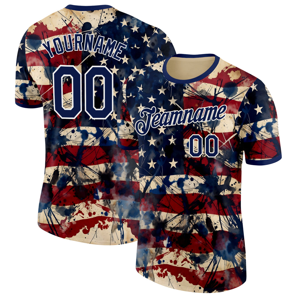 Custom Cream Navy Red-White USA Flag Splash Performance T-Shirt