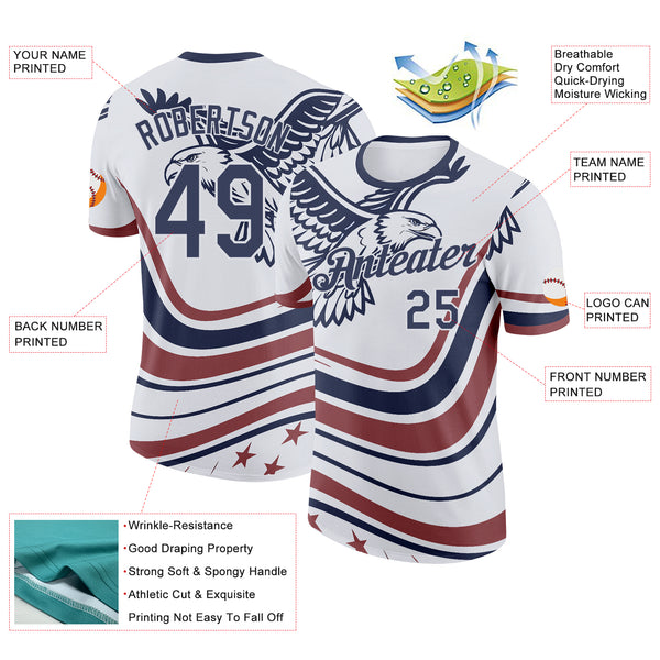 Custom White Blue-Red USA Eagle And Star Performance T-Shirt