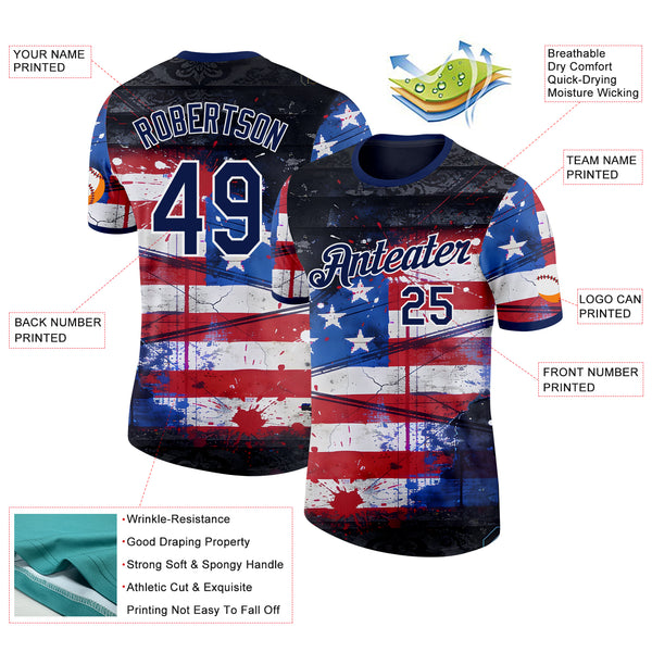 Custom Red Navy Blue Black-White USA Flag Splash Performance T-Shirt