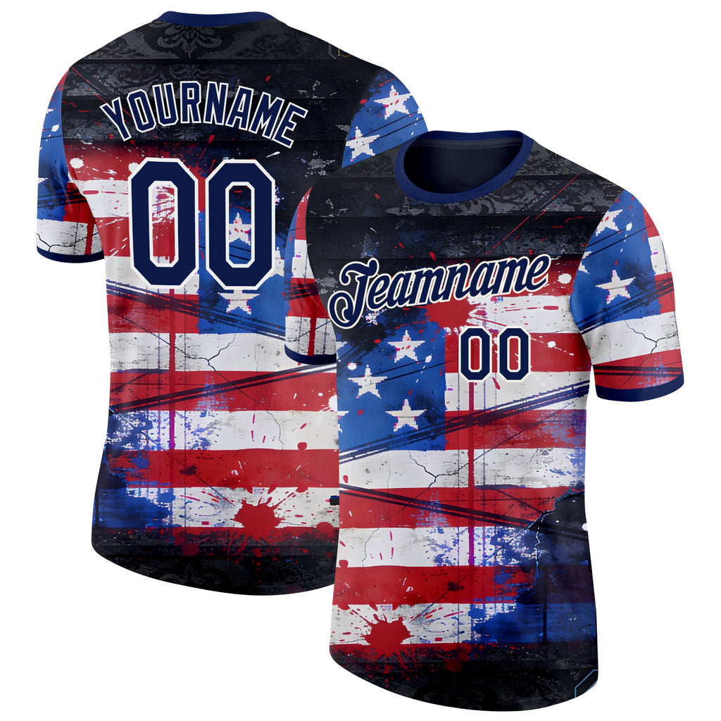 Custom Red Navy Blue Black-White USA Flag Splash Performance T-Shirt