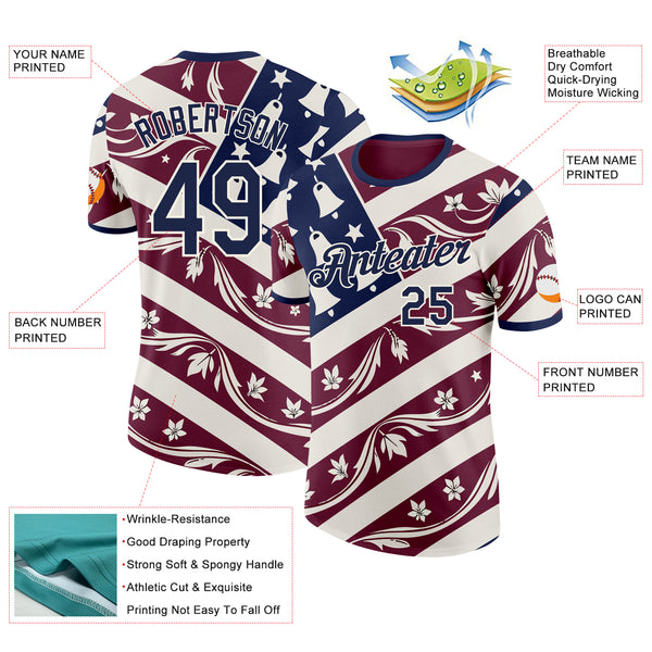 Custom Red Blue-Cream American Flower Performance T-Shirt