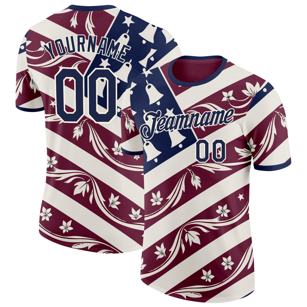 Custom Red Blue-Cream American Flower Performance T-Shirt