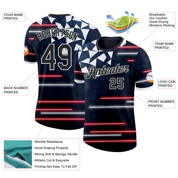 Custom Blue Black Red-White American Abstract Geometric Shape Line Performance T-Shirt