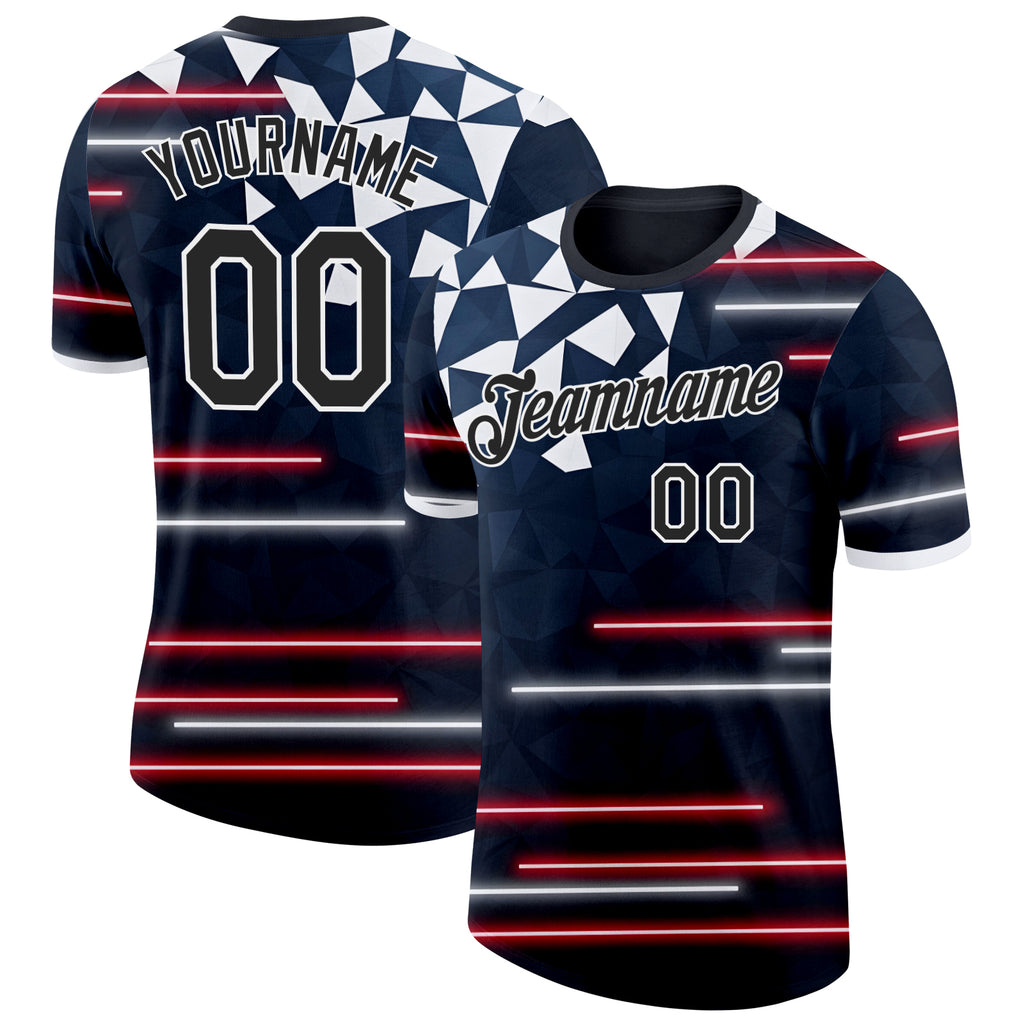 Custom Blue Black Red-White American Abstract Geometric Shape Line Performance T-Shirt