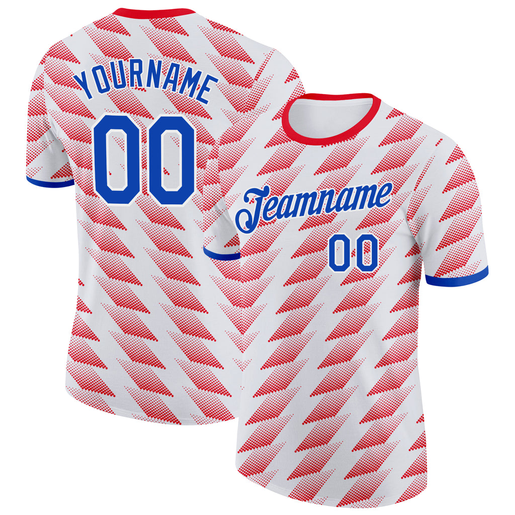 Custom White Thunder Blue-Red Australian Geometric Shape Performance T-Shirt