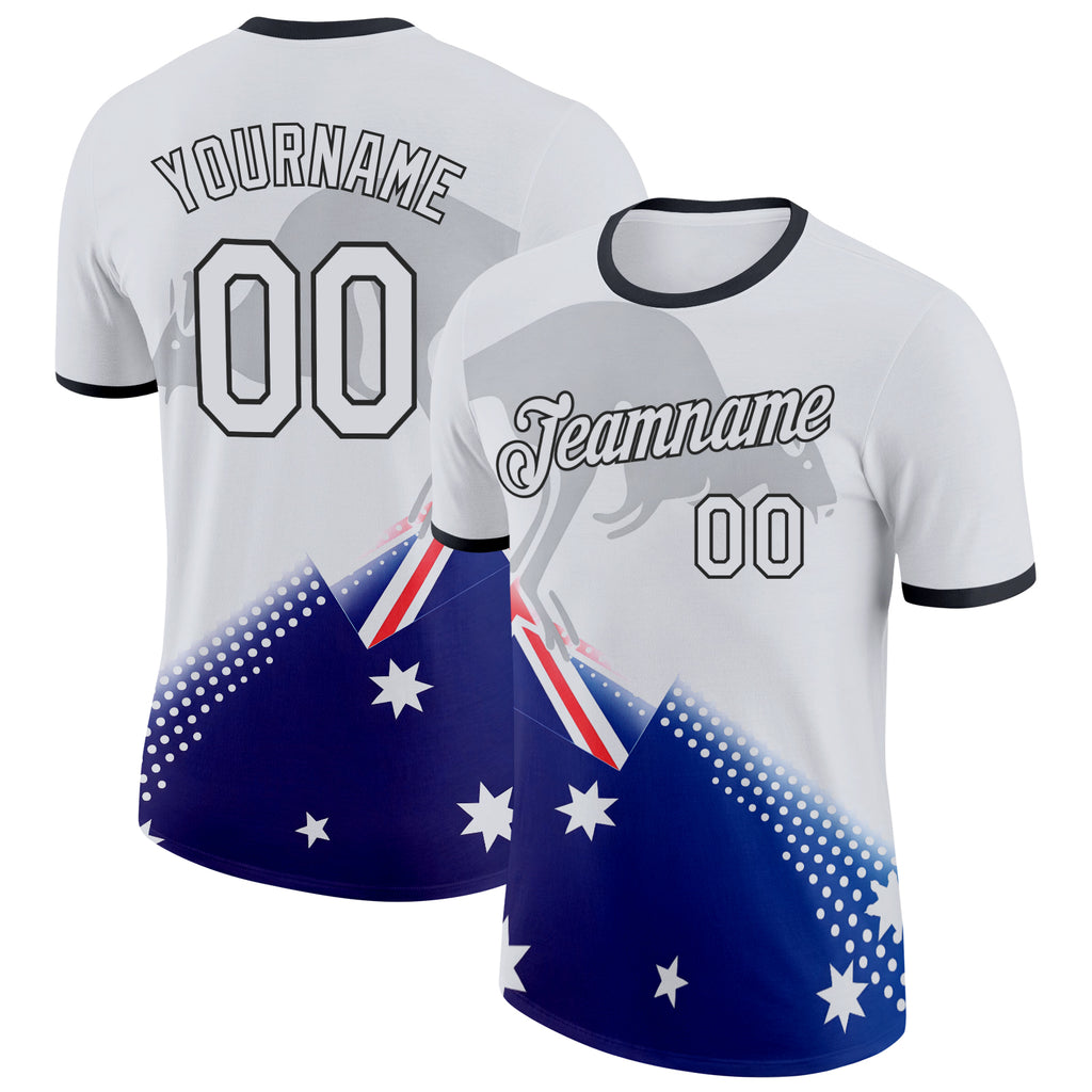 Custom White Blue Black-Red Australian Flag Kangaroo Performance T-Shirt