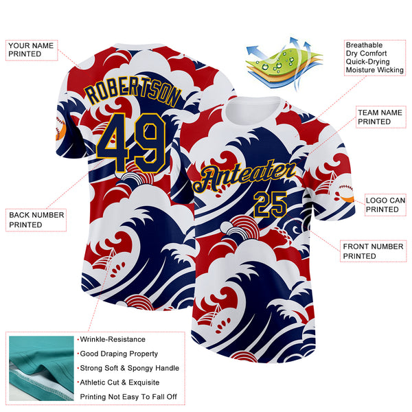 Custom White Navy Red-Gold Netherlands Waves Performance T-Shirt