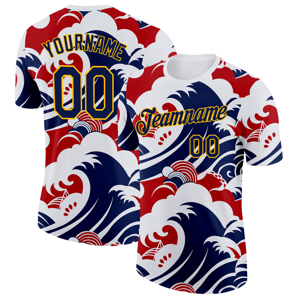 Custom White Navy Red-Gold Netherlands Waves Performance T-Shirt