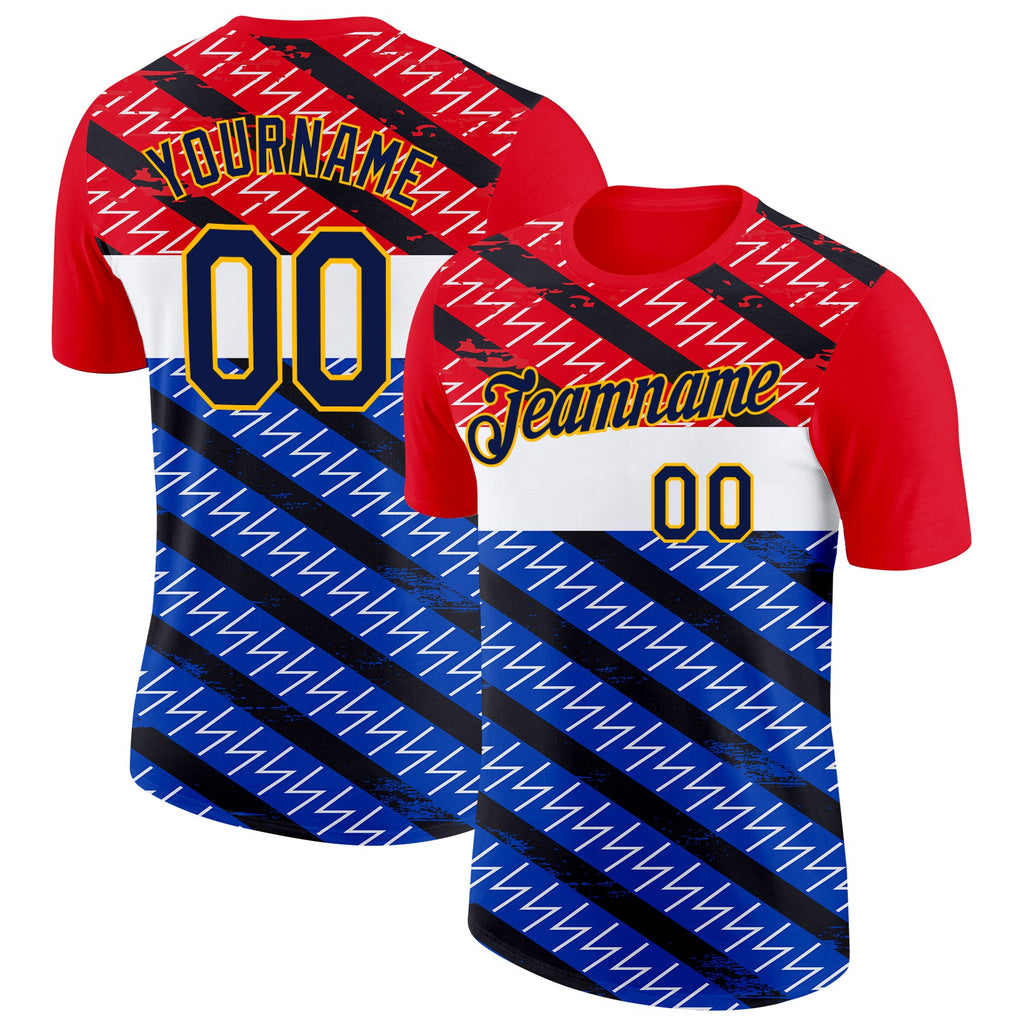 Custom Red Navy Blue Black Gold-White Netherlands Line Performance T-Shirt