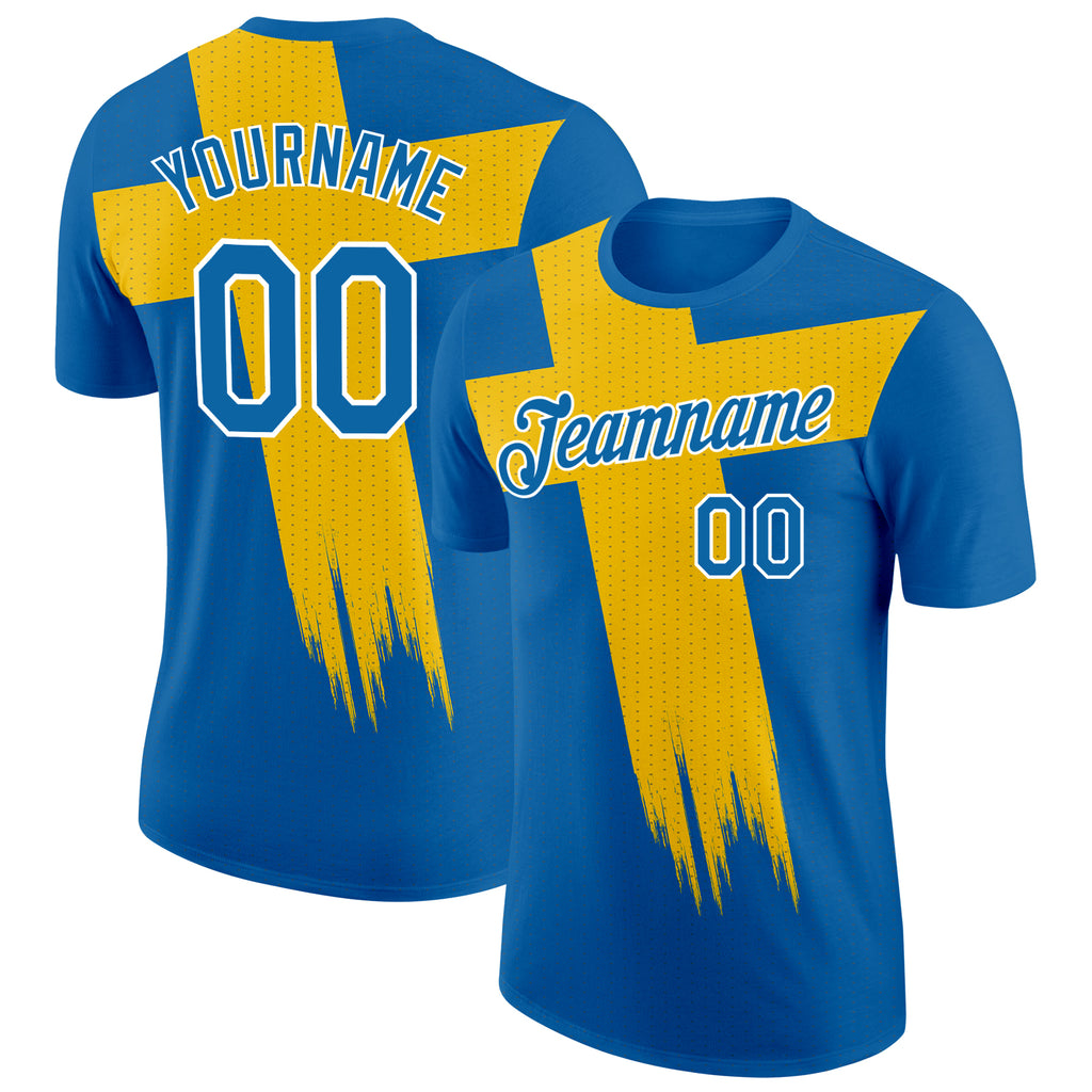 Custom Blue Yellow-White Sweden Dot Performance T-Shirt
