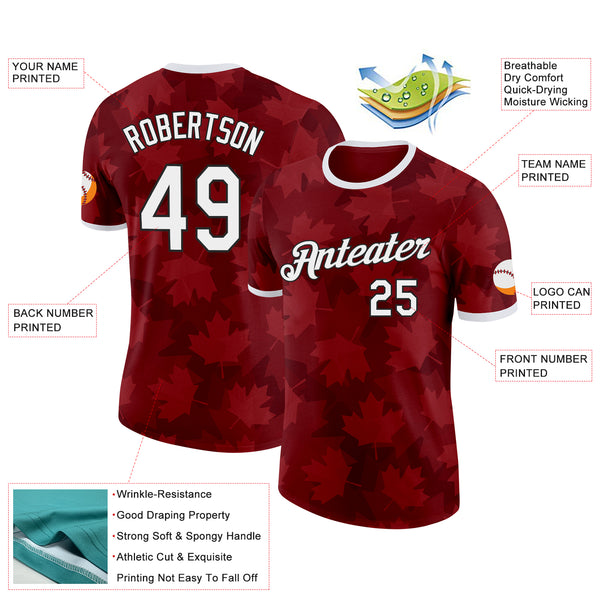 Custom Red White-Black Canada Maple Leaf Performance T-Shirt