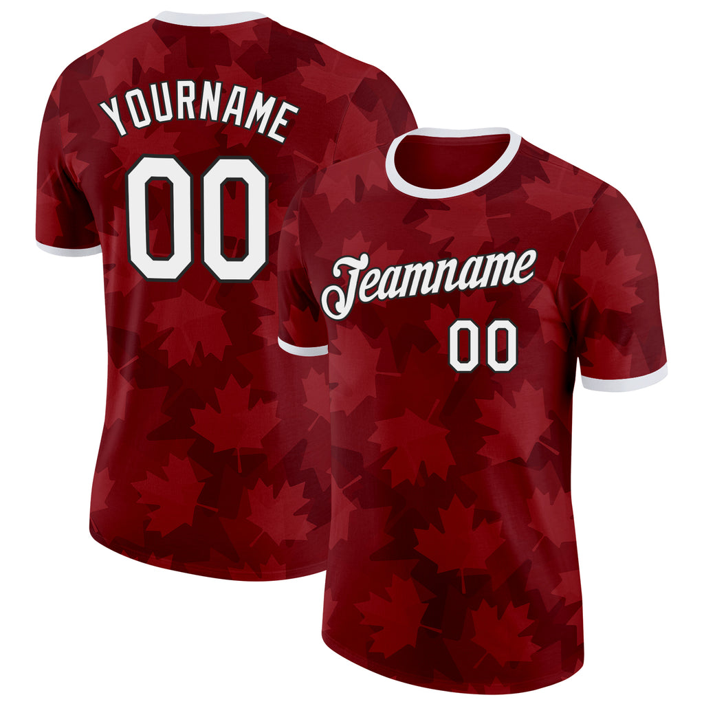 Custom Red White-Black Canada Maple Leaf Performance T-Shirt