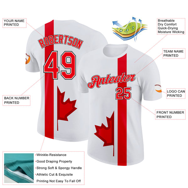 Custom White Fire Red-Black Canada Maple Leaf Performance T-Shirt