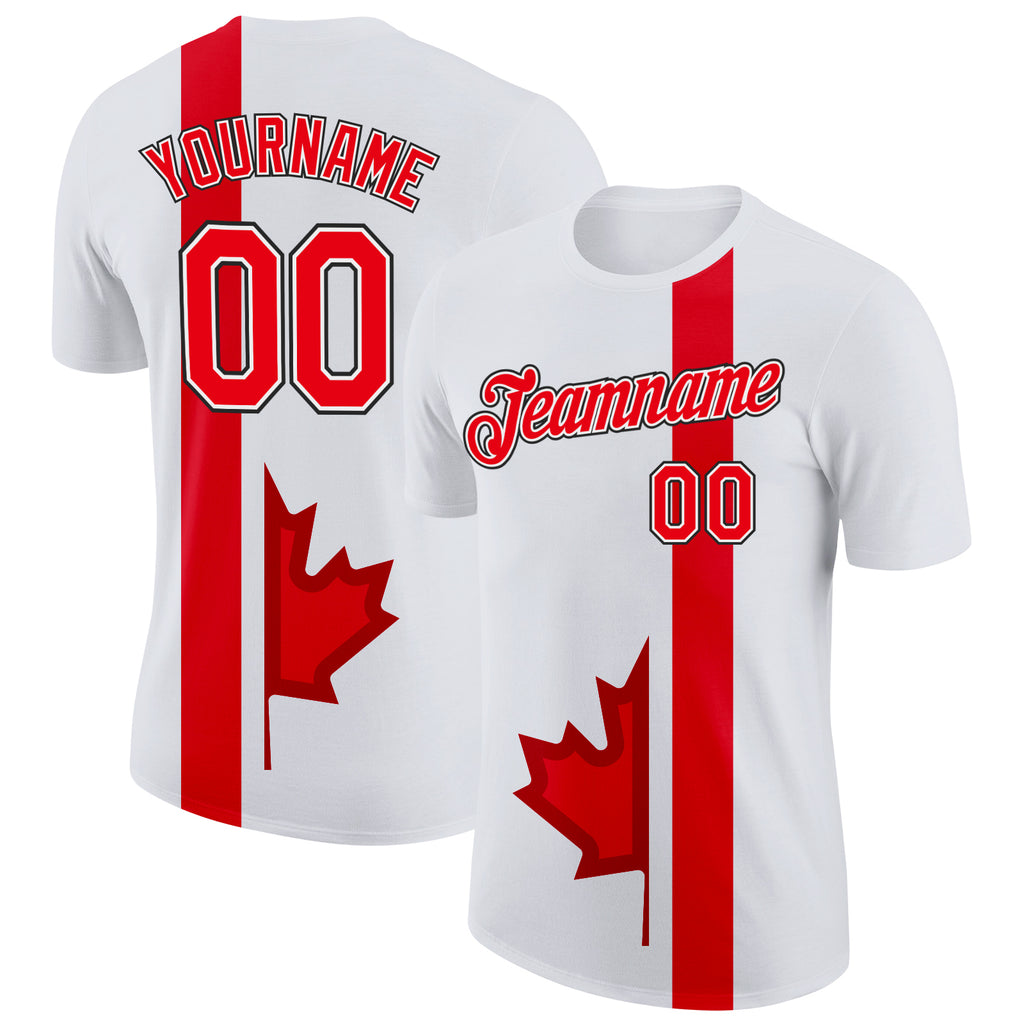 Custom White Fire Red-Black Canada Maple Leaf Performance T-Shirt