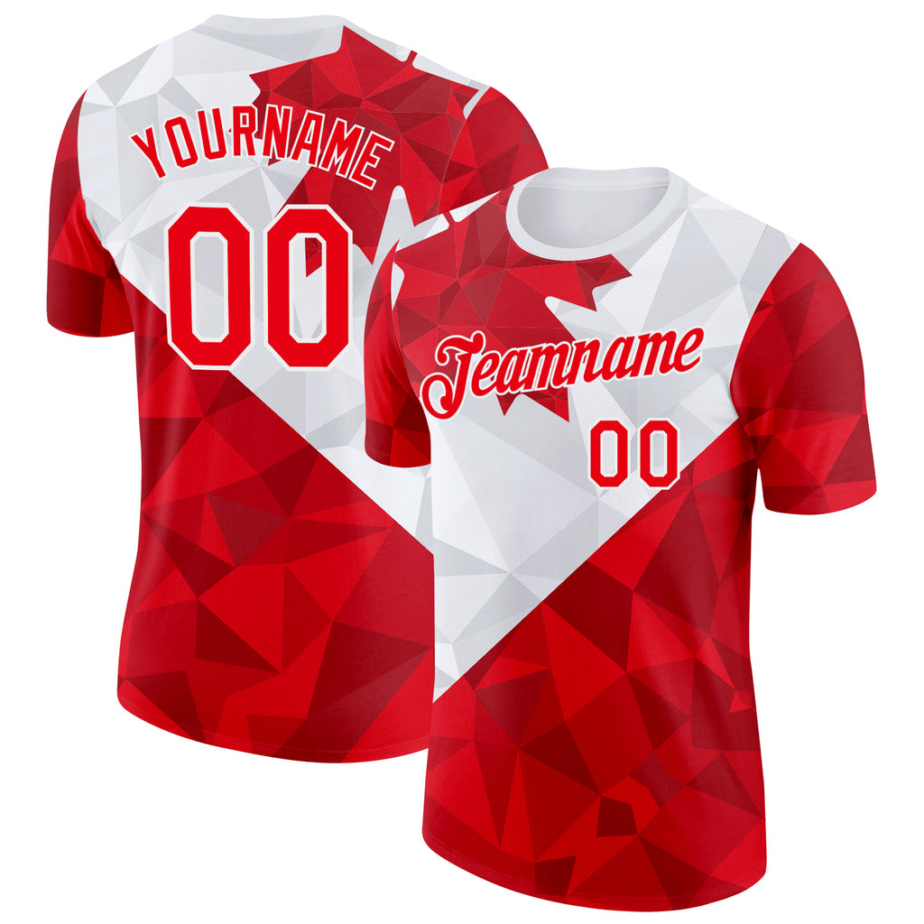 Custom White Fire Red Canada Maple Leaf Geometric Shape Performance T-Shirt