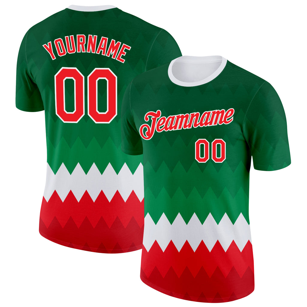 Custom Green Red-White Italy Geometric Shape Performance T-Shirt
