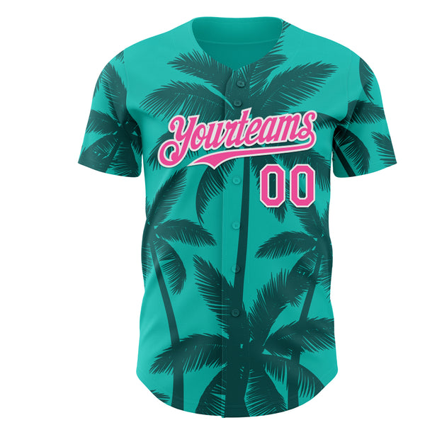 Custom Aqua Pink Teal-White Tropical Hawaii Palm Trees Authentic Baseball Jersey