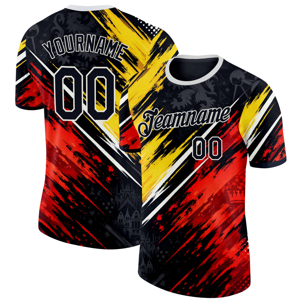 Custom Black Red White-Yellow Belgium Splash Performance T-Shirt