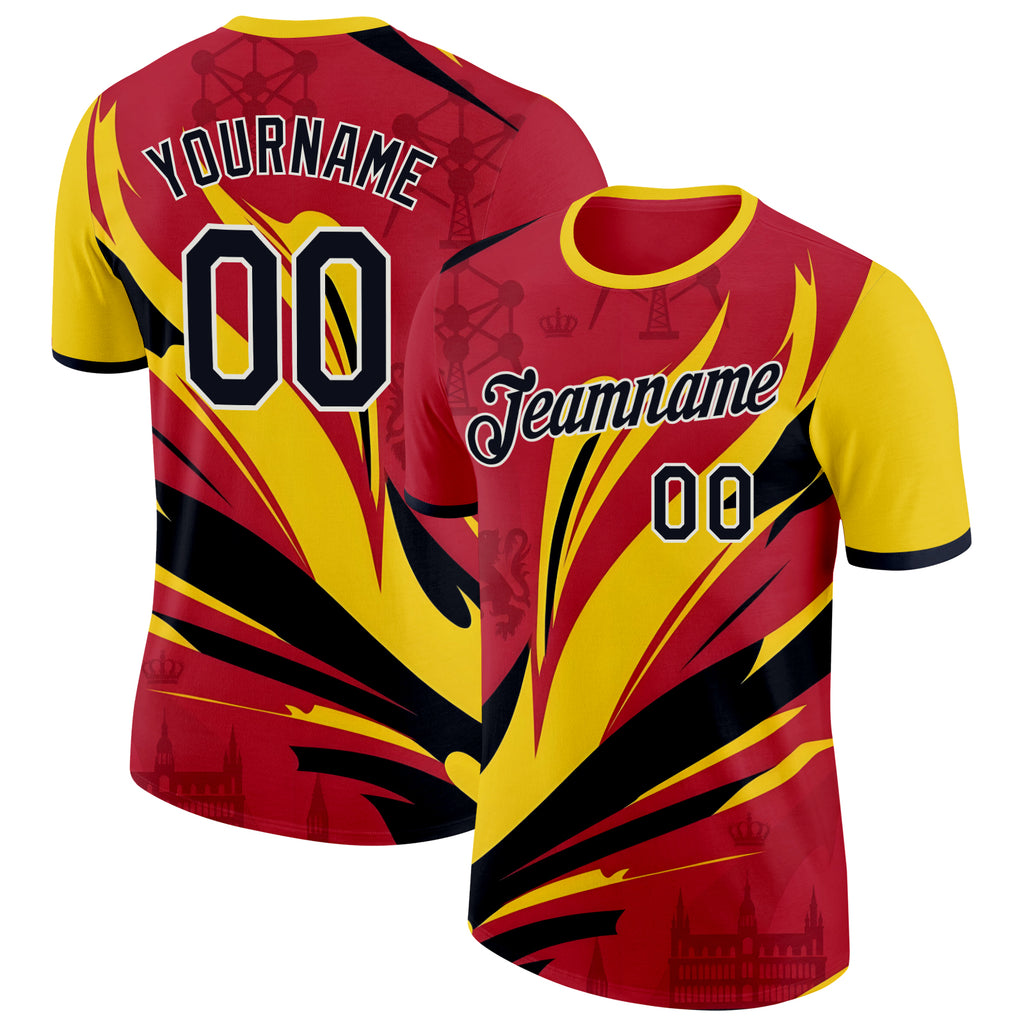 Custom Red Black Yellow-White Belgium Performance T-Shirt