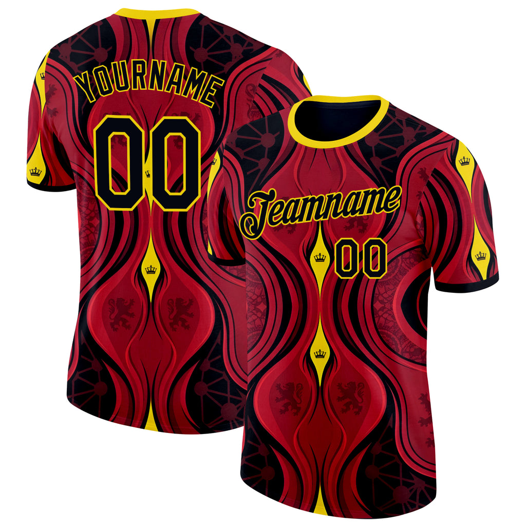 Custom Red Black-Yellow Belgium Performance T-Shirt