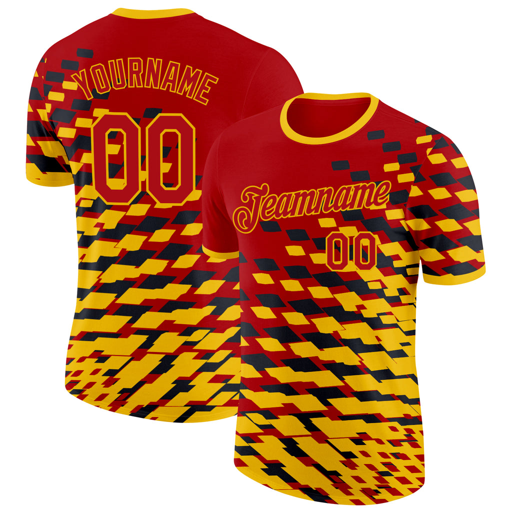 Custom Red Yellow-Black Belgium Geometric Performance T-Shirt