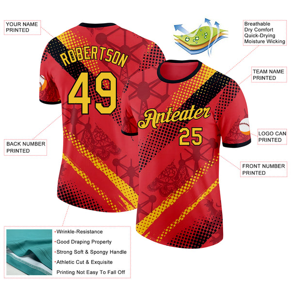 Custom Red Yellow-Black Belgium Polka Dot Performance T-Shirt