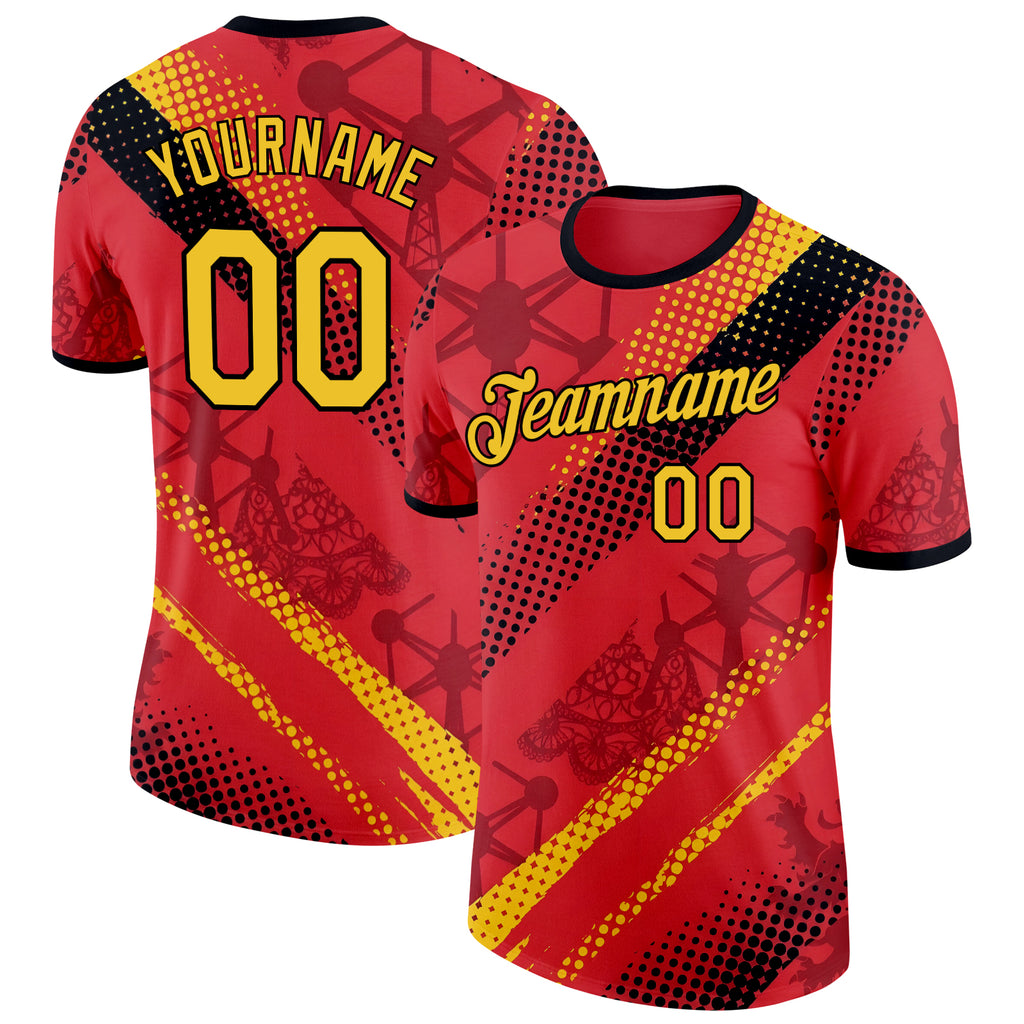 Custom Red Yellow-Black Belgium Polka Dot Performance T-Shirt