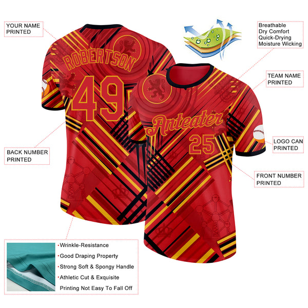 Custom Red Yellow-Black Belgium Abstract Performance T-Shirt