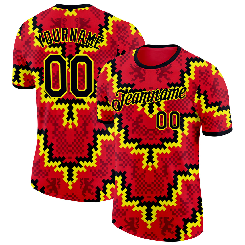 Custom Red Black-Yellow Belgium Mosaic Performance T-Shirt
