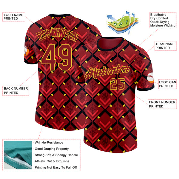 Custom Red Black-Yellow Belgium Geometric Performance T-Shirt