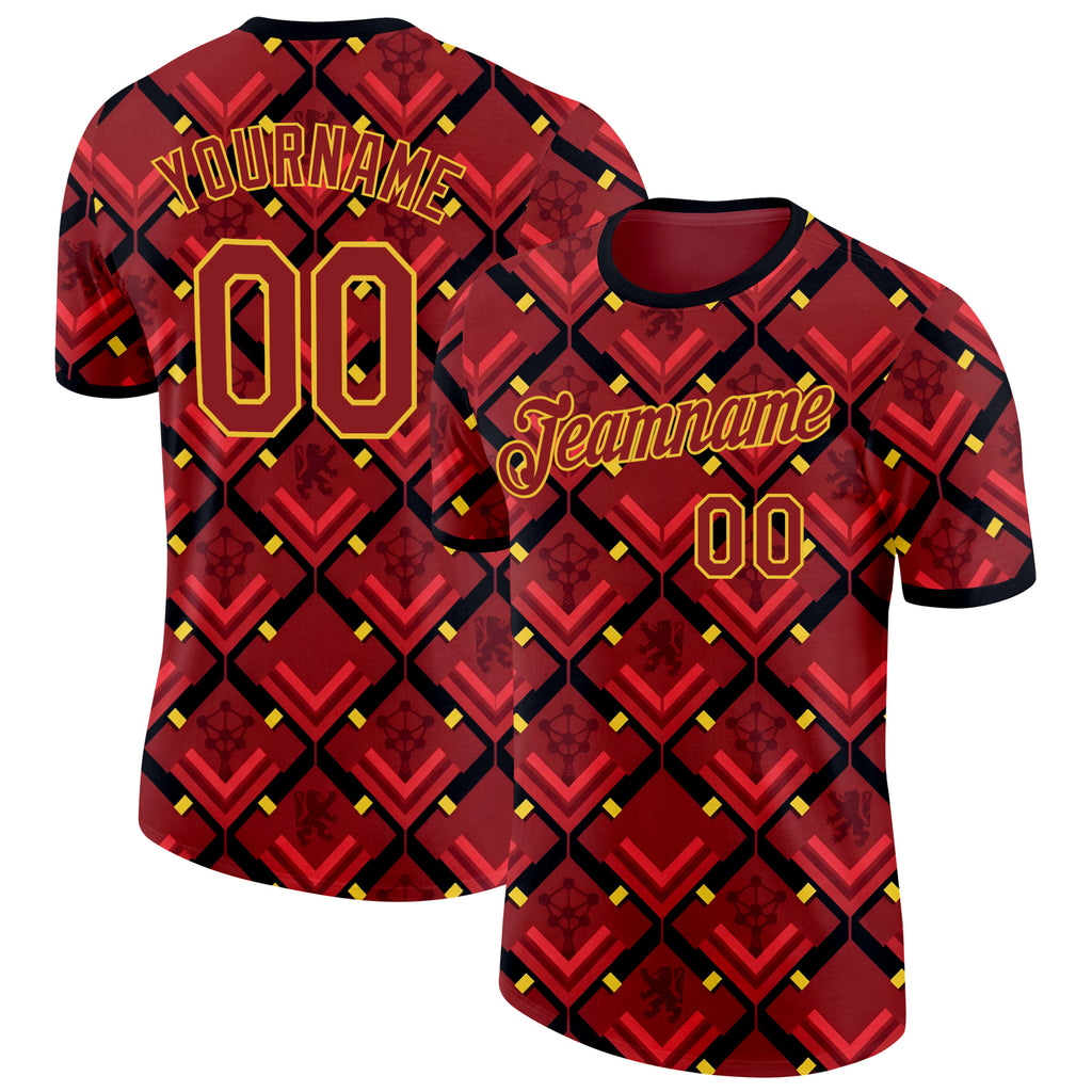 Custom Red Black-Yellow Belgium Geometric Performance T-Shirt