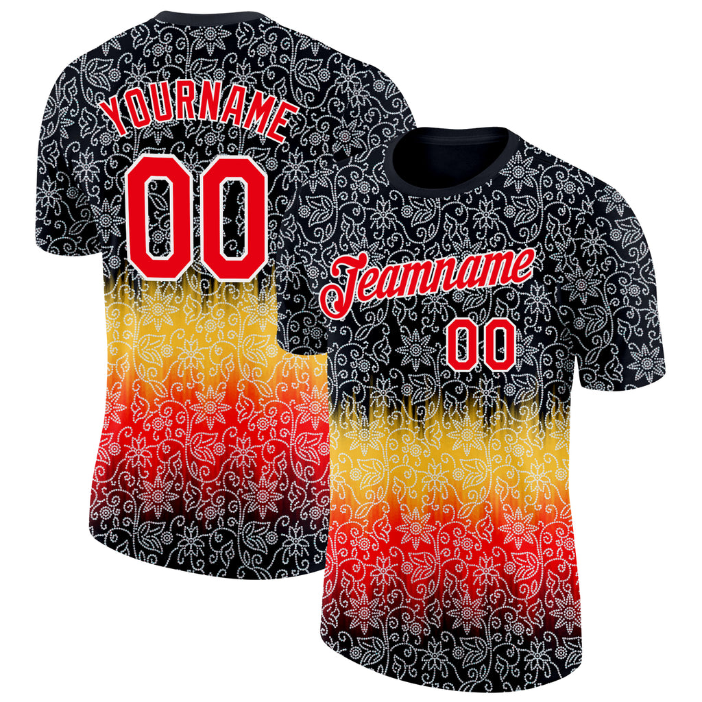 Custom Black Fire Red Yellow-White Germany Flower Performance T-Shirt