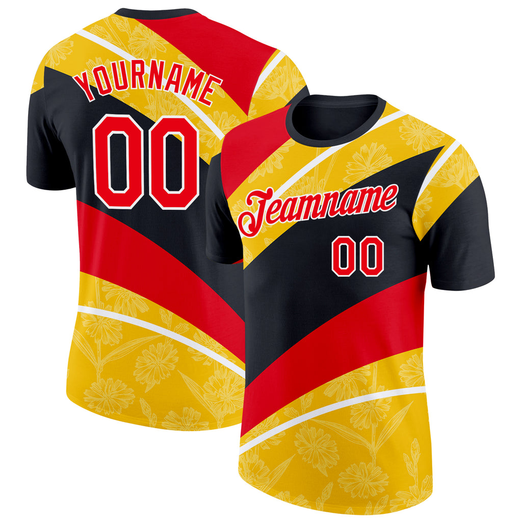 Custom Black Fire Red Yellow-White Germany Flower Performance T-Shirt