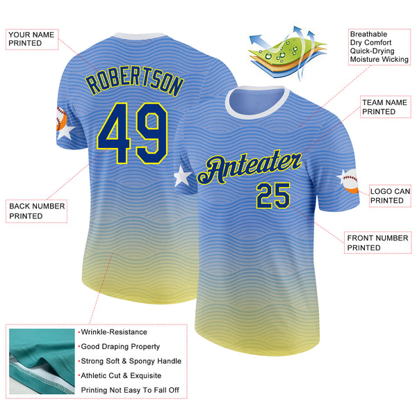 Custom Blue Royal Light Yellow-White Curacao Wave Performance T-Shirt