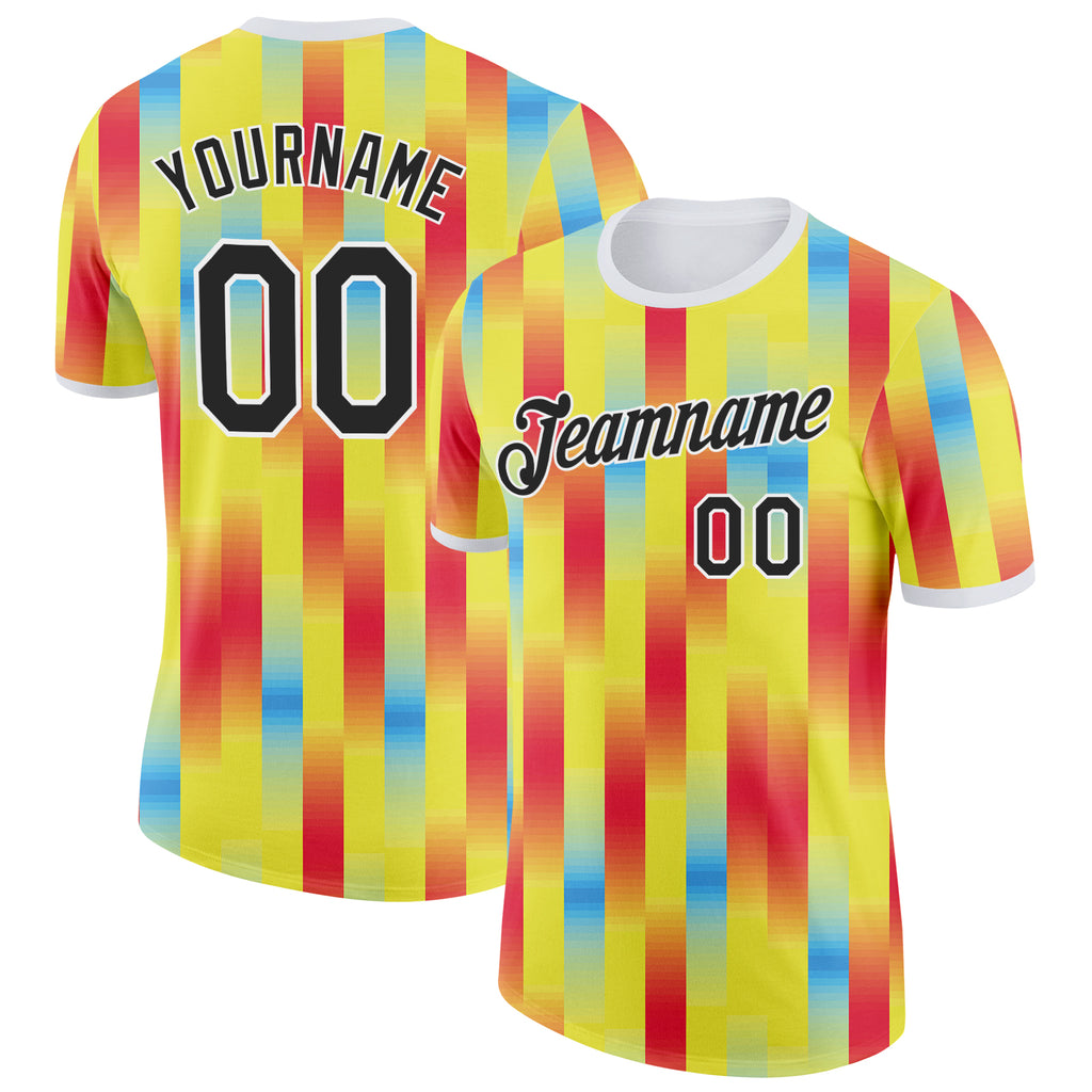 Custom Yellow Black Red Blue-White Ecuador Stripe Performance T-Shirt