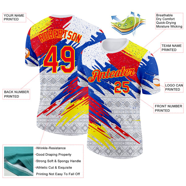 Custom White Fire Red Light Yellow Blue-Gray Ecuador Splash Geometric Performance T-Shirt