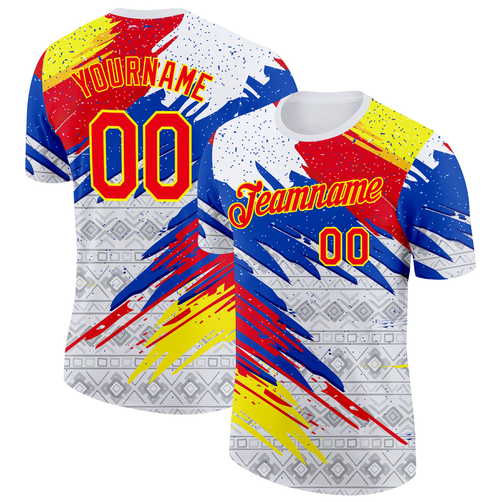 Custom White Fire Red Light Yellow Blue-Gray Ecuador Splash Geometric Performance T-Shirt
