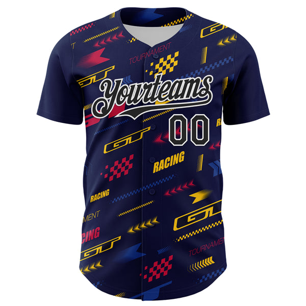Custom Navy Black White Red-Yellow 3D Pattern Design Car Racing Formula Auto Motorsport Authentic Baseball Jersey