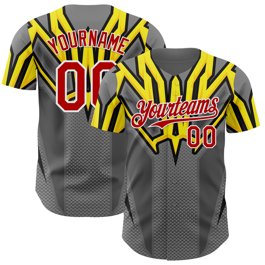 Custom Steel Gray Red White Yellow-Black 3D Pattern Design Car Racing Formula Auto Motorsport Authentic Baseball Jersey