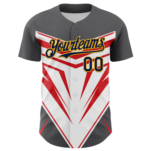 Custom Steel Gray Navy Gold White-Red 3D Pattern Design Car Racing Formula Auto Motorsport Authentic Baseball Jersey